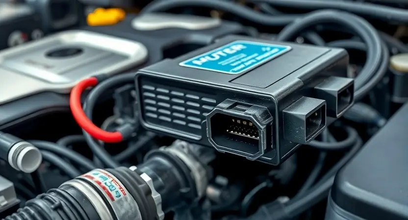 A close-up, detailed illustration of a car's engine control unit (ECU) with highlighted wiring and sensors. Focus on the diagnostic port and surrounding components. The background should be blurred, suggesting a mechanic's workshop.