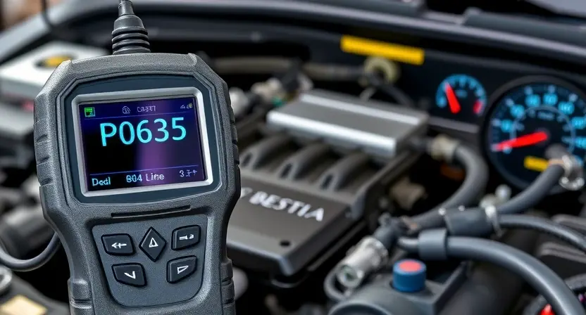 A diagnostic scan tool displaying a P0635 code on a digital screen, surrounded by automotive engine components like a PCM module, wiring harness, and dashboard indicators, in a clean workshop environment with soft lighting