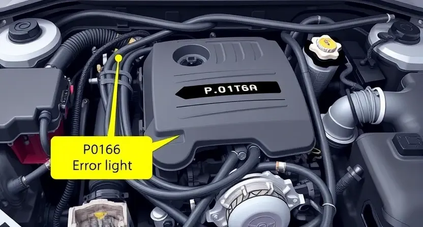 A detailed illustration of an automotive engine bay, focusing on the engine control unit (ECU) and associated wiring. The ECU should be clearly visible, with wires connected to it. Include visual cues representing the P0166 error code, such as a diagnostic light or a warning symbol. The background should be slightly blurred to emphasize the engine components.