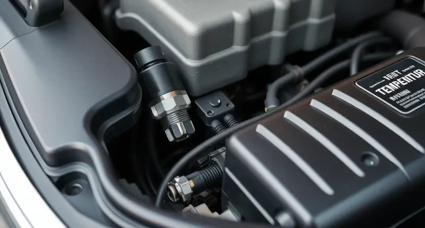 A close-up of a car's engine bay, focusing on the engine temperature sensor and related components. The engine should appear clean and well-maintained. A subtle visual indicator of a temperature reading (e.g., a faint, stylized gauge) could be included.