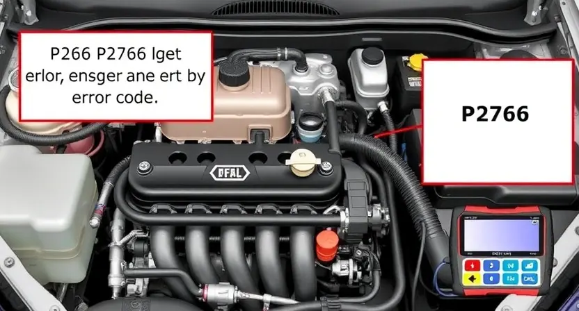 A detailed illustration of an automotive engine bay with a focus on the area where a P2766 error code might be related. Show various engine components, wiring, and sensors. Highlight a diagnostic tool connected to a computer screen displaying the P2766 error message.