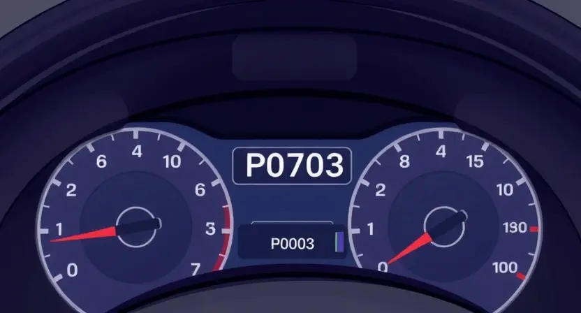 A detailed illustration of a car's dashboard with a diagnostic trouble code (DTC) display showing 'P0703'. The dashboard should be brightly lit and clearly show the error message. Include visual cues representing the affected system (e.g., a symbol related to the transmission or powertrain).