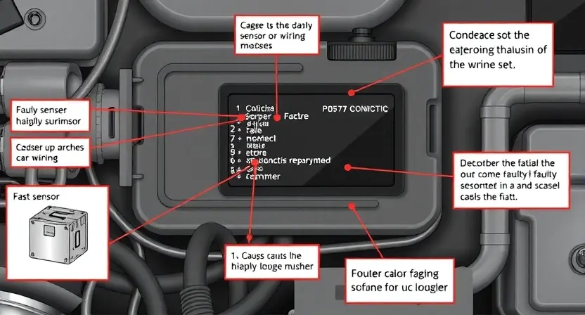 A detailed illustration of a car's engine control unit (ECU) with various diagnostic codes highlighted, specifically focusing on P0576. Include visual representations of potential causes like a faulty sensor or wiring issue.