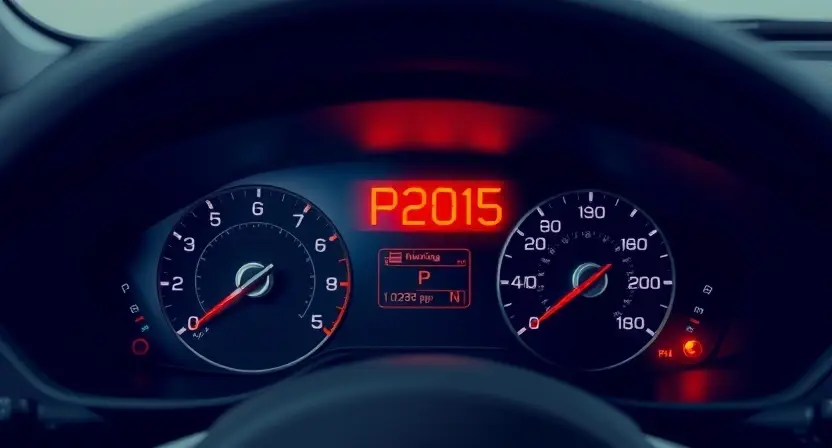 A detailed illustration of a car dashboard with a prominent warning light displaying 'P2015'. The dashboard should be clean and modern, focusing on the diagnostic indicator. The background should be slightly blurred to emphasize the dashboard.