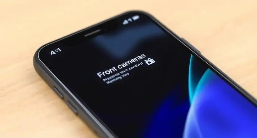 A close-up illustration of a smartphone displaying an error message related to the front camera. The phone's screen should show a visual representation of a camera malfunction, perhaps with distorted image or a broken camera icon. The background should be a blurred depiction of a modern smartphone.
