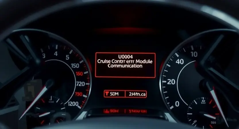 A close-up shot of a car's dashboard, focusing on the instrument cluster. The display should show a prominent error message indicating a cruise control module communication error (U0104). The background should be slightly blurred, suggesting a modern car interior. The overall lighting should be realistic and highlight the error message clearly.