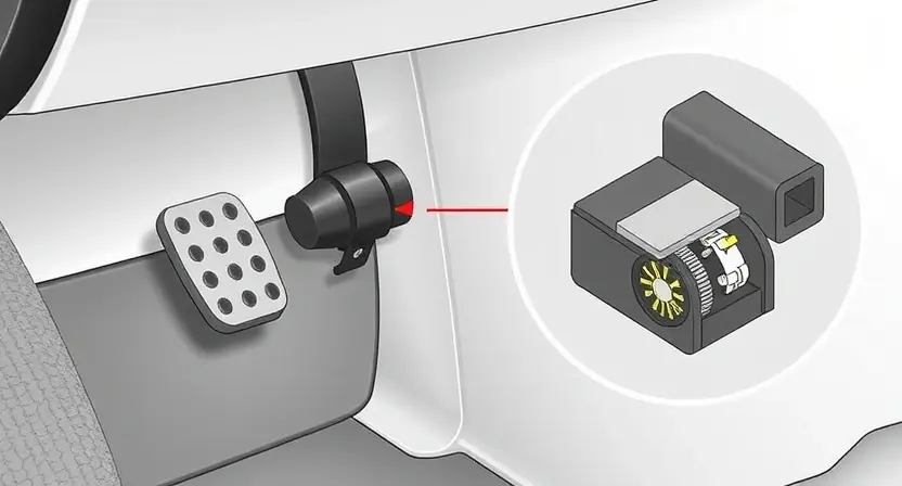 A detailed illustration of a car's accelerator pedal position sensor. The image should clearly show the sensor itself, its connection to the pedal, and a simplified representation of the internal mechanism. Focus on the sensor's physical appearance and its integration within the vehicle's pedal assembly. The background should be clean and uncluttered, highlighting the sensor as the central element.