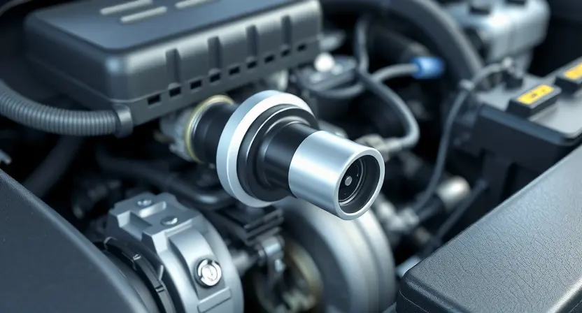 A close-up, detailed illustration of a car engine bay with a focus on the mass airflow sensor (MAF sensor). The sensor should be clearly visible, along with surrounding engine components like air intake tubing and wiring. The overall lighting should be bright and clean, emphasizing the sensor's position and connections. The background should be slightly blurred to keep the focus on the MAF sensor.