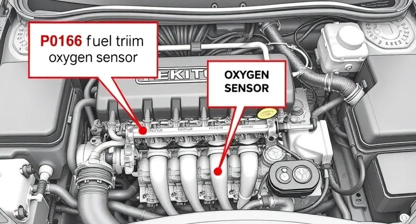 A detailed illustration of an automotive engine bay, focusing on the area where a P0166 error code might be related to the fuel trim or oxygen sensor. Include visual representations of the fuel rail, injectors, oxygen sensors, and wiring. The image should convey a sense of technical precision and complexity.