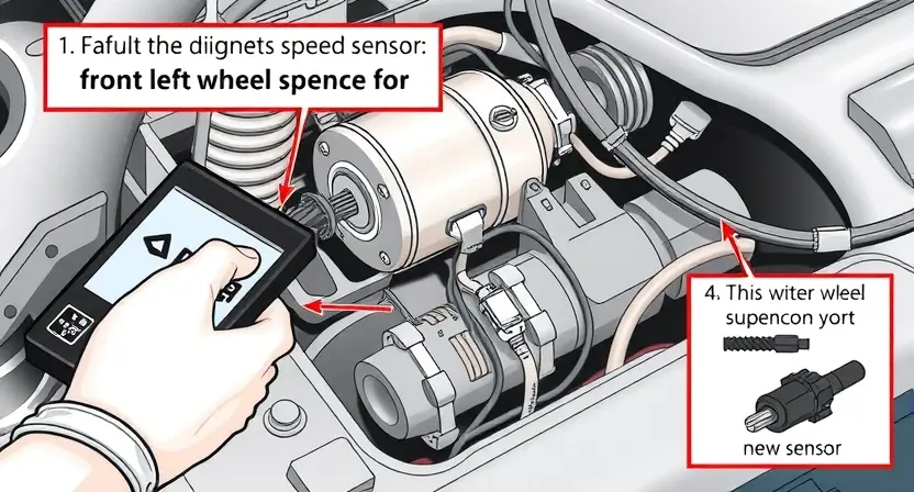A detailed illustration of a car's front left wheel speed sensor circuit showing a faulty connection labeled C0035, with a mechanic's hand holding a diagnostic scanner, the sensor component, wiring harness, and replacement parts like a new sensor and connector, all depicted in a realistic technical style without any text or labels