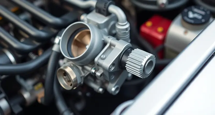 A close-up, detailed image of a car's throttle body and related engine control system components. Focus on the mechanical aspects, showing linkages, sensors, and wiring. The image should convey a sense of precision engineering and the complexity of the system. The background should be blurred, emphasizing the main components.
