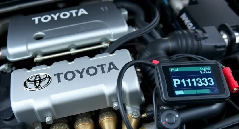 A close-up, detailed shot of a Toyota engine bay. Focus on the oxygen sensor and related wiring. The engine should appear clean and well-maintained. Subtle visual cues suggesting a diagnostic scan tool displaying a P1133 error code can be included, but it should be secondary to the engine itself. The overall lighting should be bright and professional, highlighting the components.