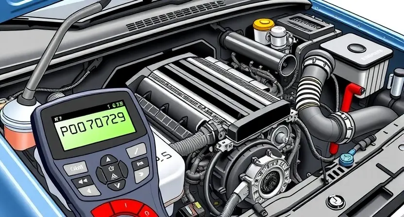 A detailed illustration of a car's engine bay with a diagnostic tool connected to the vehicle's computer. The image should clearly show the error code P0729 displayed on a screen, along with relevant engine components like the transmission and related sensors. Focus on technical accuracy and clarity.