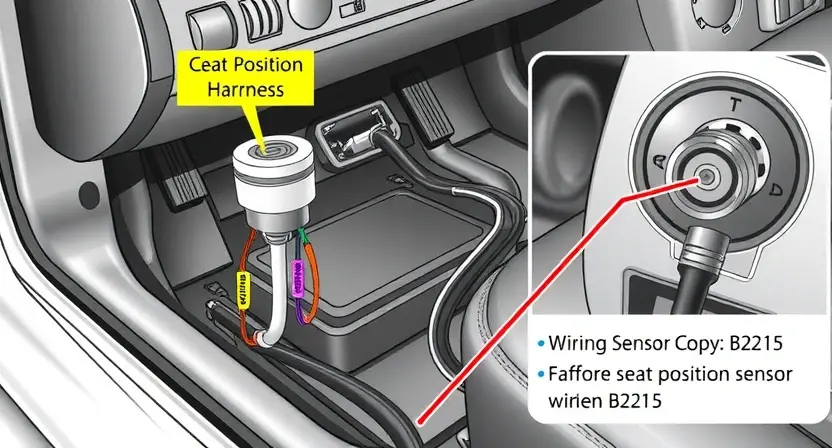 A detailed illustration of a car's electrical system, highlighting the wiring and components related to the seat position sensor. The image should show the sensor's location, its connections to the wiring harness, and any other relevant parts such as connectors or relays. The depiction should be technical and precise, focusing on the diagnostic aspect of the error code B2215.