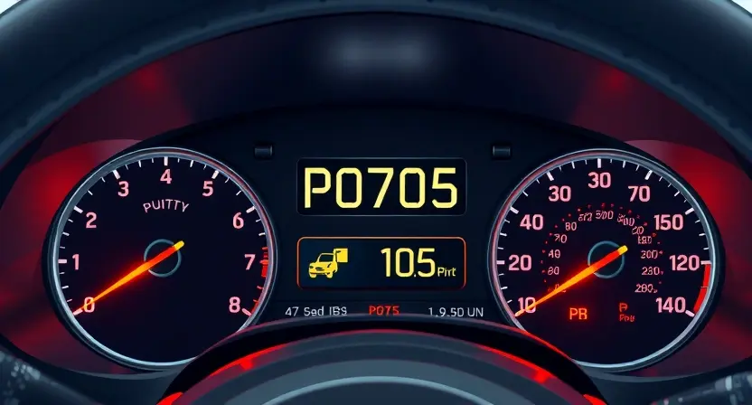 A detailed illustration of a car's dashboard with a diagnostic trouble code (DTC) display showing "P0705". The dashboard should be brightly lit, showcasing the various gauges and indicators. Focus on the code display and its surrounding elements.