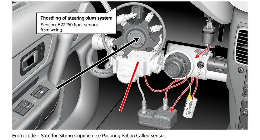 A detailed technical illustration of a car's steering column system showing error code B2260, with highlighted components like sensors and wiring, realistic engineering diagram style, high quality, 832x448 resolution