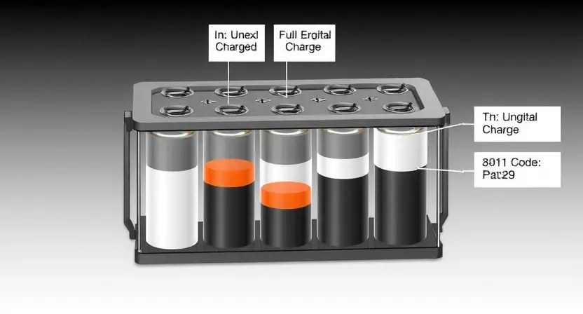 A detailed illustration of a high-voltage battery with multiple cells. The cells are shown with varying degrees of charge, some appearing fully charged and others partially discharged. The image should highlight the uneven charge distribution within the battery. Include visual cues representing the error codes P3011 to P3029, subtly integrated into the battery's components or surrounding environment. Focus on technical accuracy and clarity.