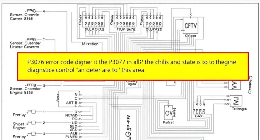A detailed schematic diagram of an engine control unit (ECU) with a highlighted section indicating the P3076 error code diagnostic area. The diagram should show various components like sensors, actuators, and wiring connections. Focus on clarity and technical accuracy.