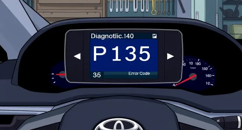 A detailed illustration of a Toyota vehicle with a diagnostic screen displaying an error code P1135. The background should be a workshop setting with tools and equipment. Focus on the error code and the car's dashboard.