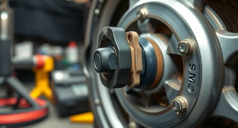 A close-up of a car's ABS wheel speed sensor with visible wiring and mounting bracket, showing signs of wear or damage such as corrosion or loose connection, set against a blurred automotive workshop background with tools and diagnostic equipment nearby, emphasizing technical detail and realism
