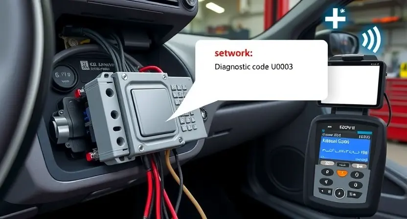 A detailed illustration of a car's electronic gear selector module with visible wiring and connectors, showing a diagnostic error code U0103 on a nearby OBD-II scanner screen, set in a professional automotive repair workshop with tools and soft lighting, emphasizing the communication failure between the selector and the vehicle's network