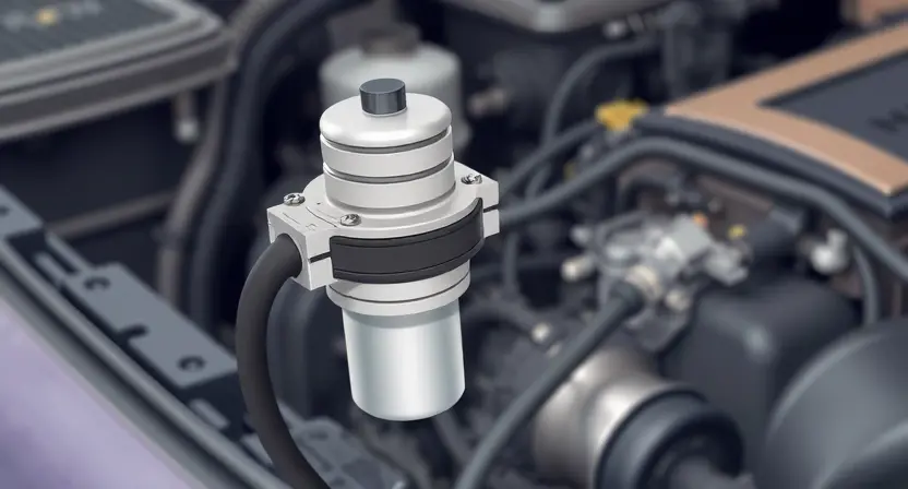A detailed illustration of a car's engine compartment, focusing on the solenoid valve for pressure control (G). The solenoid should be clearly visible, with wiring and hoses connected. The background should be slightly blurred to emphasize the solenoid.