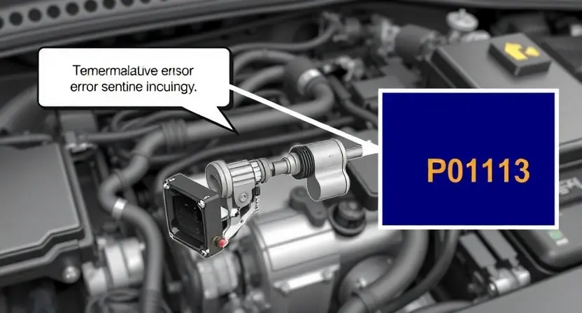 A detailed illustration of a car's engine bay, focusing on the temperature sensor and its wiring. The sensor should be clearly visible, along with the associated wiring and connectors. Include a visual representation of the P0113 error code displayed on a dashboard or diagnostic screen. The background should be slightly blurred to emphasize the engine components.