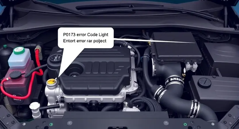 A detailed illustration of a car's engine bay, showcasing the P0173 error code light illuminated on the dashboard. Focus on the engine components, wiring, and the error indicator.