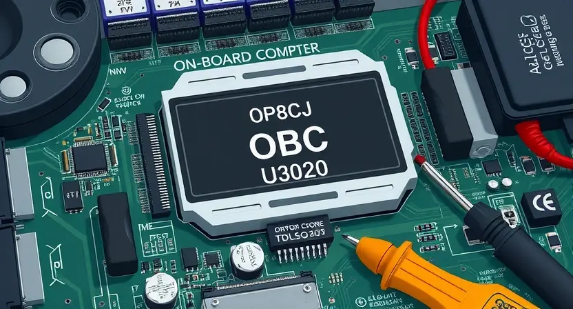 A technical illustration showing a circuit board with an OBC (On-Board Computer) module, highlighting error code U3020, with repair tools like a multimeter and screwdriver nearby, clean technical background, high detail