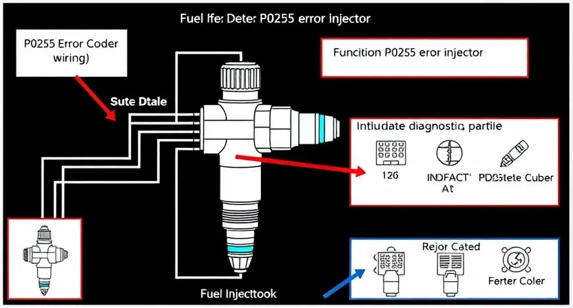 A detailed schematic diagram of a fuel injector and its associated wiring, highlighting the P0255 error code indicator. Include a visual representation of the fuel injector's function and a simplified diagram of the diagnostic process.
