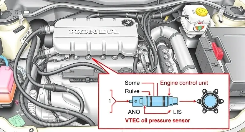 A detailed illustration of an engine bay with a focus on the VTEC oil pressure sensor. The sensor should be clearly visible, connected to various hoses and wiring. Include diagnostic tools and a schematic diagram showing the sensor's location and connection to the engine control unit. The overall scene should convey a technical and informative atmosphere.