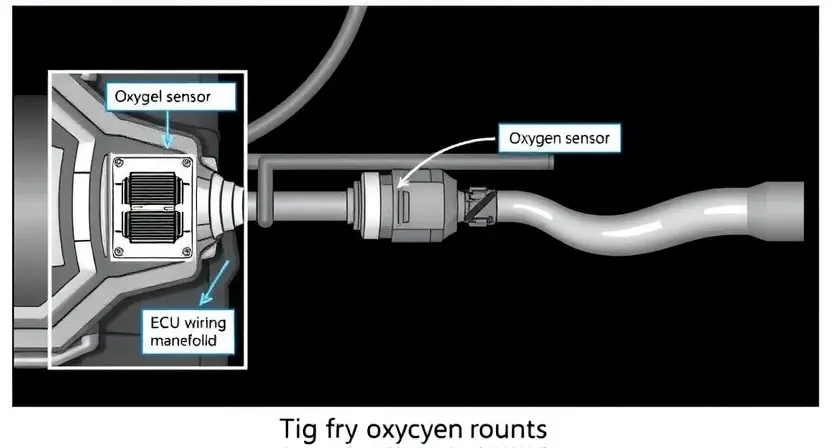 A detailed diagram illustrating a car's engine control unit (ECU) and the oxygen sensor. The diagram should clearly show the sensor's location in the exhaust system, its connection to the ECU via wiring, and the flow of data between them. Include labels for key components like the oxygen sensor, wiring harness, ECU, and exhaust manifold. The overall aesthetic should be clean and technical, resembling an automotive repair manual illustration.