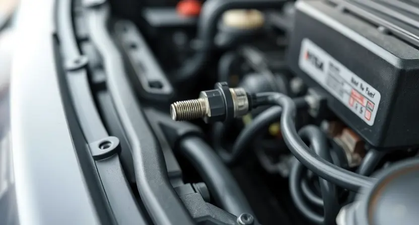 A close-up, detailed illustration of a car engine bay. Focus on the temperature sensor and its wiring. The sensor should be clearly visible, and the wiring should be neatly organized. The overall lighting should be bright and clean, highlighting the components. The background should be slightly blurred to emphasize the sensor.