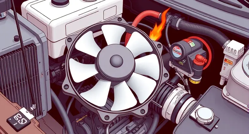 A detailed illustration of a car engine compartment, focusing on the cooling fan system. Show the fan, its motor, and the surrounding components like radiator and hoses. The fan should be visibly malfunctioning, perhaps with a broken blade or damaged housing. The overall scene should convey a sense of mechanical failure and overheating.