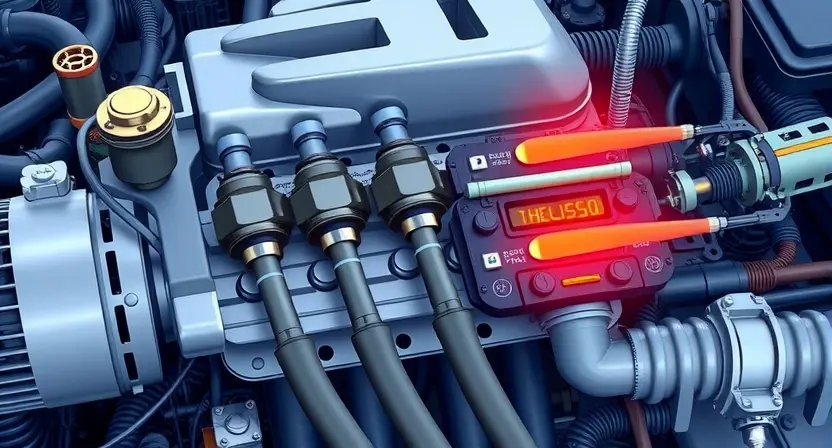 A detailed illustration of an engine control unit (ECU) with highlighted fuel system components. Focus on the fuel injectors, fuel rail, and oxygen sensors, visually representing a rich fuel mixture. Use color coding to indicate high fuel concentration. The background should be a clean, technical environment.