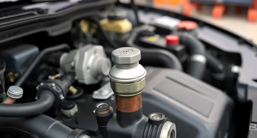 A close-up, detailed image of a car's engine bay. Focus on the oxygen sensor and surrounding components. The engine should appear clean and well-maintained. The background should be slightly blurred, suggesting a garage setting.