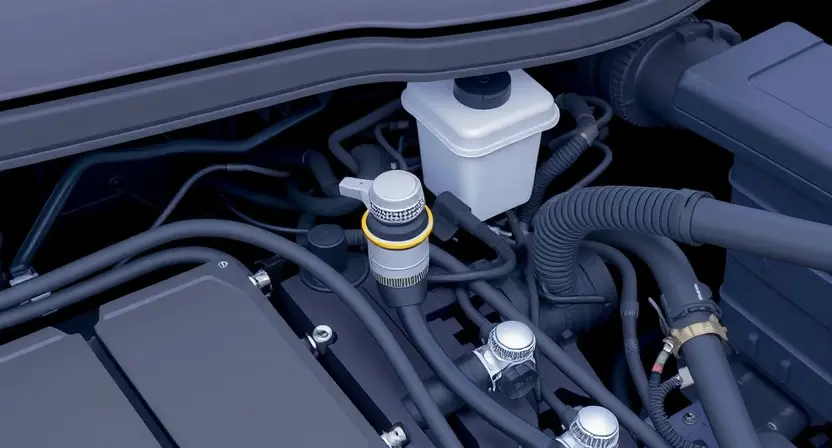 A close-up, detailed illustration of a car's engine bay, focusing on the coolant temperature sensor and its surrounding components. The sensor should be clearly visible, with hoses and wiring connected. The overall scene should be clean and well-lit, emphasizing the technical aspects of the engine.
