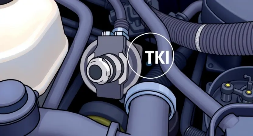 A close-up, detailed illustration of a car engine bay with a focus on the engine coolant temperature sensor. The sensor should be clearly visible, along with nearby hoses and wiring. The overall scene should convey a sense of automotive mechanics and diagnostics.