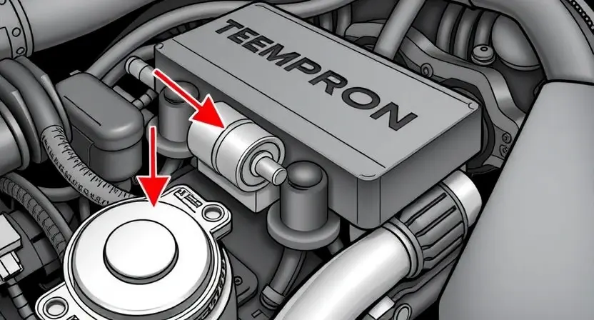 A detailed illustration of a car engine with a highlighted temperature sensor. The sensor should be clearly visible, with arrows pointing to its location within the engine block. The background should show engine components like hoses and belts, but the focus should remain on the sensor itself. The overall image should convey a sense of technical accuracy and clarity, suitable for an automotive repair manual.