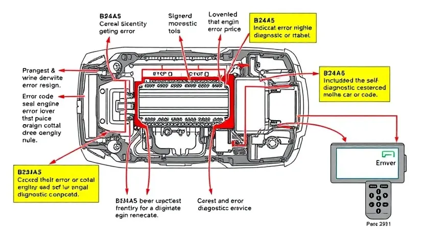 A detailed schematic diagram illustrating the internal components of a car's engine control unit (ECU). Highlight the B24A5 error code indicator and its associated diagnostic methods. Include visual representations of self-diagnostic tools and error code reading devices.