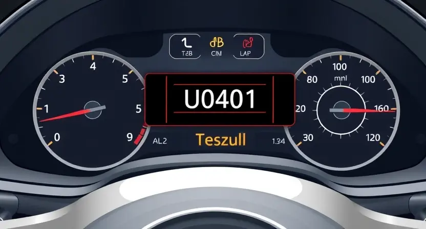 A high-quality technical illustration showing a car's OBD2 diagnostic interface displaying error code U0401, with clear visual indicators like warning lights and error messages, clean background, no text or numbers on the image, professional automotive diagnostic setting