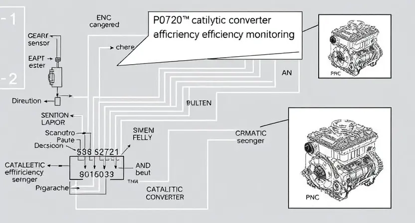 A detailed schematic diagram illustrating the P0720 error code in a vehicle's engine control unit (ECU). The diagram should show the relevant sensors, actuators, and wiring related to the catalytic converter efficiency monitoring system. Include visual representations of the error code's impact on the engine's operation.
