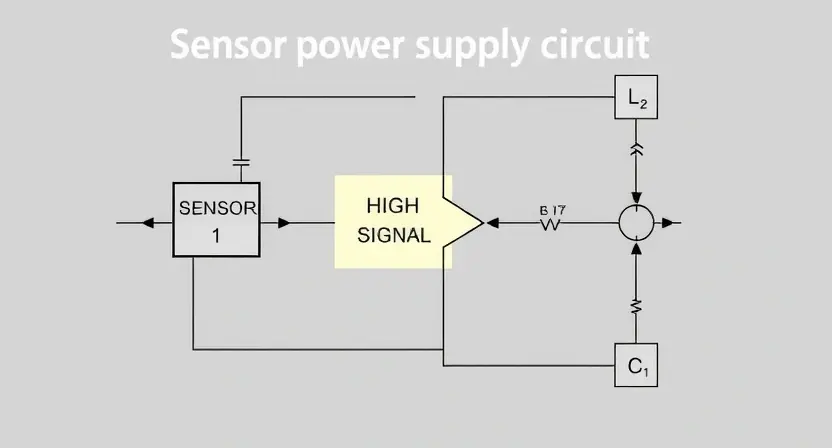 A schematic diagram illustrating a sensor power supply circuit with a highlighted area indicating a high signal level. The diagram should show components like a voltage regulator, sensor, and connecting wires. Focus on clarity and technical accuracy.