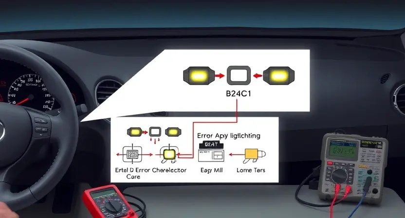 A detailed illustration of a car's adaptive lighting system, focusing on the B24C1 error code indicator. The image should show the dashboard with the error message clearly visible, along with diagrams of the lighting components and their connections. Include diagnostic tools like a multimeter and oscilloscope near the car.