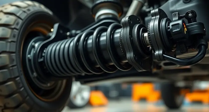 A close-up, detailed shot of an automotive suspension system, specifically focusing on the adaptive shock absorber. The shock absorber should be clearly visible, showcasing its components and connections to the vehicle's chassis and wheel assembly. The image should convey a sense of mechanical precision and engineering. The background should be blurred, suggesting a workshop environment.