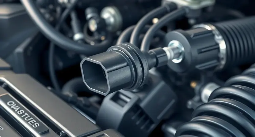 A close-up, detailed illustration of a car's engine bay, specifically highlighting the Mass Airflow Sensor (MAP sensor). The sensor should be clearly visible, with surrounding engine components subtly in focus. Wires and hoses connected to the sensor should be depicted realistically. The overall lighting should be bright and clean, emphasizing the sensor's physical form and connections. Focus on technical accuracy and clarity.