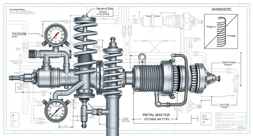 A high-quality technical illustration showing a pneumatic suspension system with visible components like air springs, valves, and connectors, set against a clean engineering background with subtle blueprint-style diagrams and labeled parts, emphasizing diagnostic elements like pressure gauges and error indicators, rendered in a professional technical drawing style with precise details and muted industrial colors