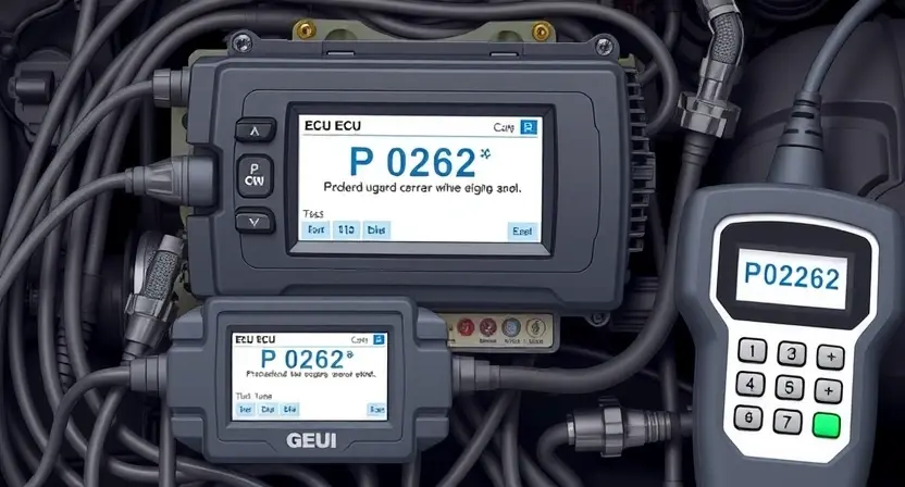 A detailed illustration of an engine control unit (ECU) with various diagnostic tools connected, highlighting a potential P0262 code. The image should depict wires, sensors, and a clear visual representation of the error code displayed on a screen. Focus on technical accuracy and clarity.