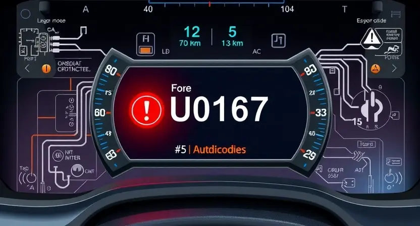 A professional technical illustration showing a car's onboard diagnostic system with a highlighted error code U0167, surrounded by circuit diagrams and warning symbols, clean technical background, high detail