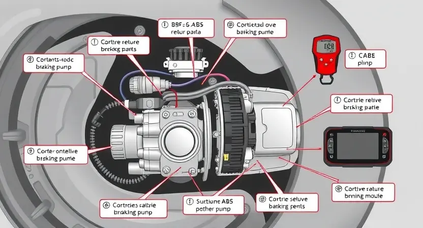 A high-quality technical illustration showing an ABS (Anti-lock Braking System) motor return pump circuit fault C0110, with visible components like pump, sensors, wiring, and control module, surrounded by diagnostic tools and error code labels, clean technical diagram style